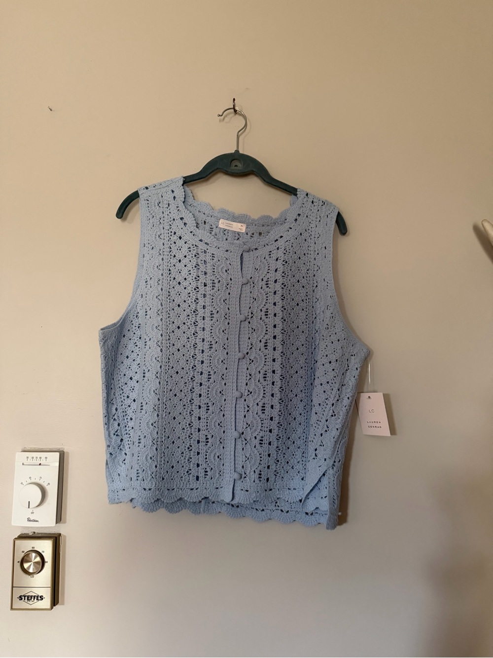 LC Lauren Conrad Light Blue Crochet Button-Front Tank